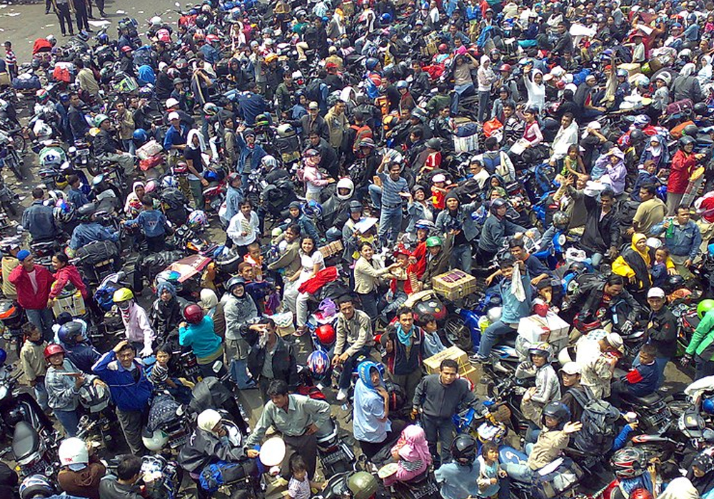 Mudik situation thousands of motorcycle riders waiting for ferry at Port of Merak, Banten, Indonesia 