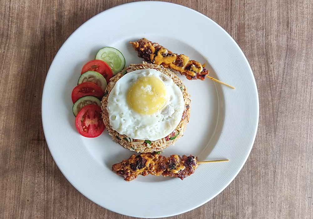 Nasi goreng with egg and satay